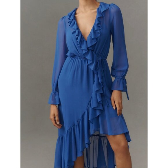 Anthropologie Long-Sleeve Ruffled Asymmetric Midi Dress Size S Blue - Picture 3 of 6